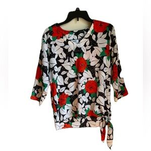 Teddi Of California Vintage Black, White and Red Floral Blouse V-neck Size 12